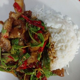กระเพราโจรหมูกรอบ ไข่ดาวราดข้าว