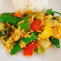 มังสวิรัติ_ข้าวราด ผัดผงกะหรี่ผักรวม