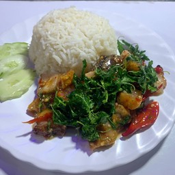 ผัดกระเพราหมูกรอบไข่เยี่ยวม้า