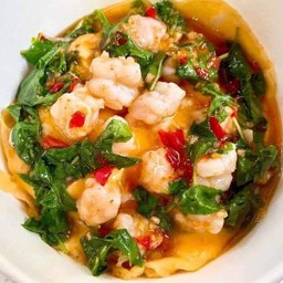 Creamy Omelet With Shrimp And Basil On Rice
