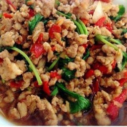 กระเพราหมูสับ + กุ้ง กับข้าว