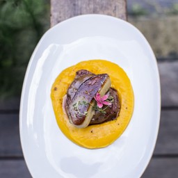 Aus 270 days Rossini & Butter Nut Puree with Red Wine Sauce