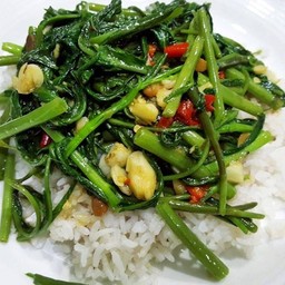 ผัดผักบุ้งราดข้าว