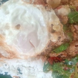 กะเพราลูกชิ้น(ลูกชิ้น+หมูสับ)+ไข่ดาว