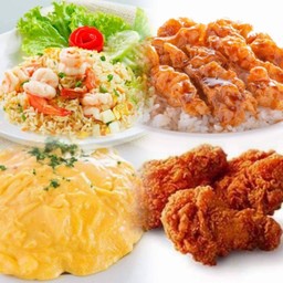เซ็ตลดกระหน่ำ ข้าวผัดกุ้ง+ข้าวไก่คาราเกะซอลเกาหลี+ข้างไข่ข้นนัวๆ+ไก่วิ่งแซ่บ3ชิ้น