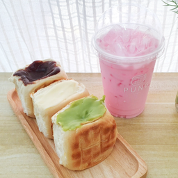 Set1ขนมปังปิ้งไส้ทะลัก3ชิ้น+เครื่องดื่ม1แก้ว