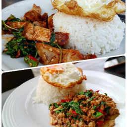 [อร่อยซ่ากับโค้ก] กระเพราหมูกรอบราดข้าว+ กระเพราหมูสับราดข้าว+โค้ก2ฟรีไข่