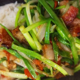 ข้าวหมูกรอบผัดต้นหอม