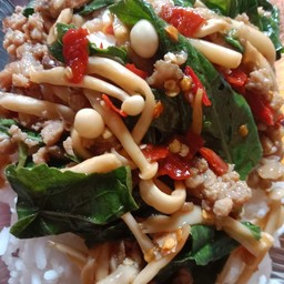 ข้าวกระเพราหมูสับใส่เห็ด