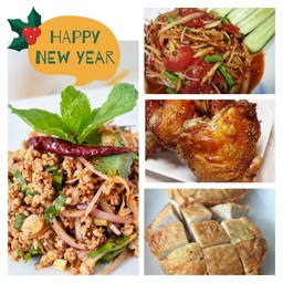 [เซ็ตปีใหม่ทั้งปี] ตำปูปลาร้า + หมูยอทอด 8 ชิ้น + สะโพกไก่ย่าง 1 ชิ้น + ลาบหมู