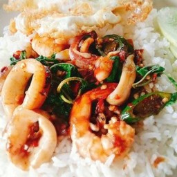 กระเพรากุ้งหมึกราดข้าว