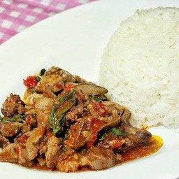เครื่องในไก่ผัดพริกเผา + ข้าวสวย