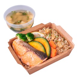 ข้าวญี่ปุ่นผัดกระเทียมและปลาแซลมอนย่าง