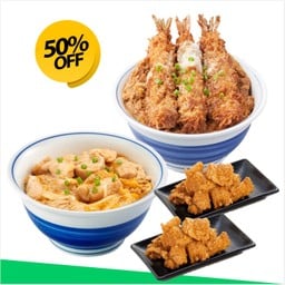 ข้าวหน้าไก่สไตล์ญี่ปุ่น + คัตสึด้งกุ้ง ราดไข่ + ไก่คาราเกะ 2 จาน ลด 50%