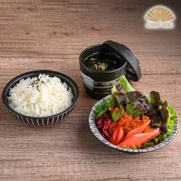 Rice, Wakame Soup and Mini Salad