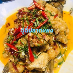 ฉู่ฉี่ปลากะพงทอด จาน