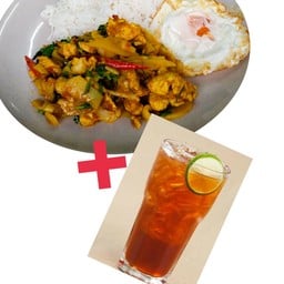 ผัดเผ็ดไก่หน่อไม้หน่อไม้ดอง+ชามะนาว