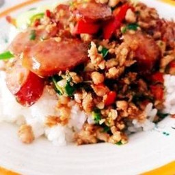 Basil Chicken With Chinese Sausage (Topped With Rice)