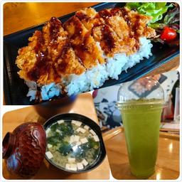 เซ็ตข้าวหมูทอดทงคัตสึ ซุปมิโซะ และชาเขียวเย็น