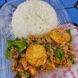 ข้าวกะเพราป่าเต้าหู้ + หมูสับ