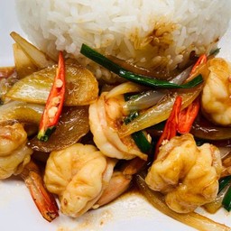 กุ้งทอดขมิ้นราดข้าว