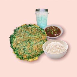 ข้าวไข่เจียวชะอม+น้ำพริก,นมสดมิ้นท์