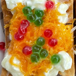 ขนมปังปิ้งเนยนม + ฝอยทอง + เยลลี่ (ไม่มีวิปครีม)