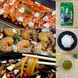 ชุด ดอง 3 สหาย แซลมอน กุ้ง หมึกหอม กอดคอกันมาดองซีอิ้วเกาหลี 300ต่อกล่อง 3 กล่อง + ข้าว + สาหร่าย