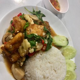 กระเพราปลากะพง (ราดข้าว)