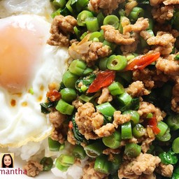 กระเพราหมูสับถั่วหั่นรากข้าว+ไข่ดาว