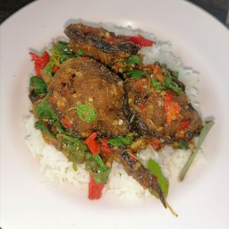 ผัดเผ็ดปลาดุกทอดกรอบราดข้าว