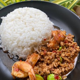 สตอกุ้งหมูสับผัดกะปิราดข้าว