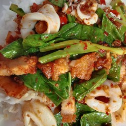 ข้าวพริกแกงคะน้าหมูกรอบ-ปลาหมึก