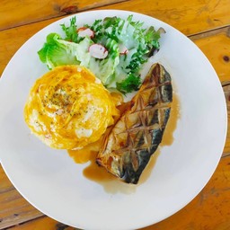 ข้าวหน้าซาบะย่างซีอิ๊ว+ไข่นุ่ม