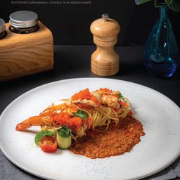 Linguine with poached sea prawns and red hot chili dip