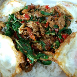 ข้าวราดกระเพราเป็ดย่างถาด stir-fried grilled duck with Thai basil
