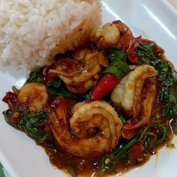 กะเพรากุ้ง5ตัวไซส์40ราดข้าว