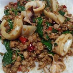 Minced pork and squid with basil rice.