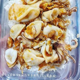 ข้าว หมึกทอดกระเทียมพริกไทย