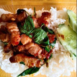 กระเพราหมูชิ้น ราดข้าว