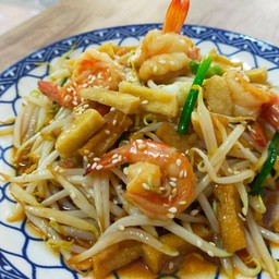 ผัดถั่วงอกราดข้าวกุ้ง