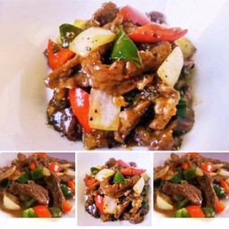 ข้าวเนื้อผัดพริกไทยดำราดข้าว