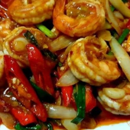 กุ้งผัดพริกเผา ราดข้าว