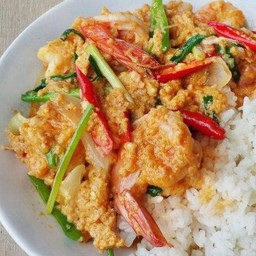 ผัดผงกระหรี่กุ้งราดข้าว