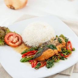 ข้าวราดกะเพราปลาแซลมอนชิ้น