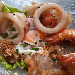 Stir-Fried Wide Rice Noodles With Seafood And Lava Egg