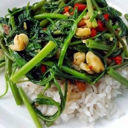 ผัดผักบุ้งไฟแดงราดข้าว