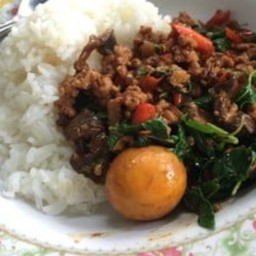 กระเพราไก่หุบบอนราดข้าว
