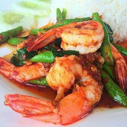 ผัดพริกแกงทะเล กุ้ง,ปลาหมึกราดข้าว