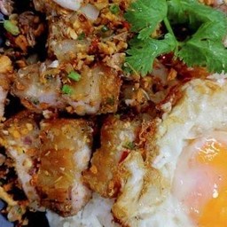 หมูกรอบ คั่วพริกเกลือ  ราดข้าว